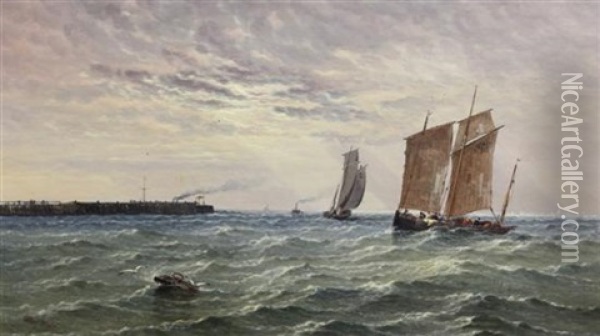 Calais Boats Going About Off Dunquerke Pier Oil Painting - Arthur Joseph Meadows