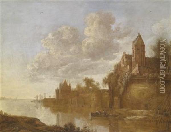 A Town Near A River, With Boats And Anglers Oil Painting - Wouter Knijff