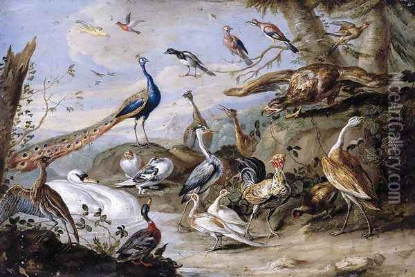 Birds on a Riverbank 1655 Oil Painting - Jan van Kessel