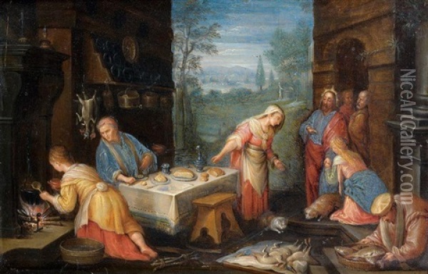 Le Christ Chez Marthe Et Marie (after Francesco Bassano) Oil Painting - Jan van Kessel the Elder
