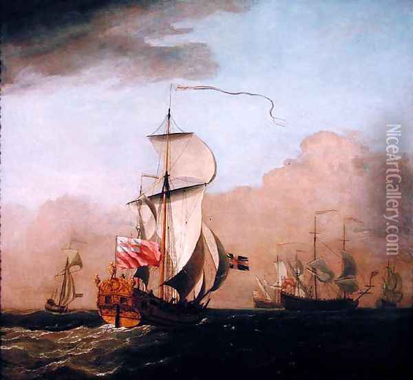 The Second Duke of Albemarles Ketch with a yacht to the left and three warships in the distance to the right Oil Painting - Willem van de Velde the Younger