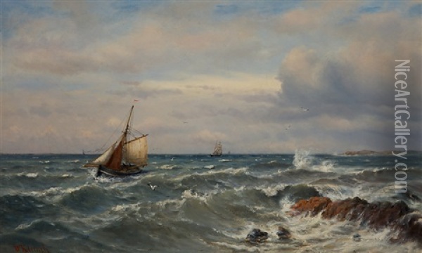Fishing Boat In A Fresh Breeze Oil Painting - Oskar Conrad Kleineh