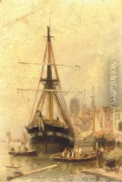 A Busy Day In The Harbour Of Dordrecht Oil Painting - Willem Hendrik Eickelberg