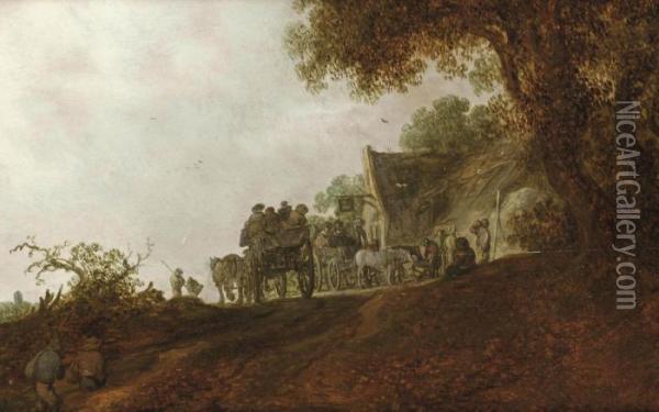 A Landscape With Travellers On A Road And Two Carts In Front Of An Inn Oil Painting - Jan van Goyen