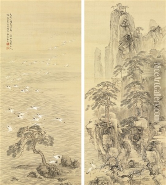 Mount Horai And Cranes (+ Another; Pair) Oil Painting - Yamamoto Baiitsu