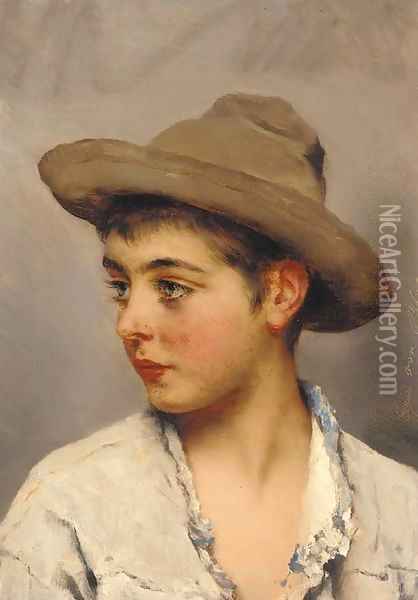 A young boy wearing a stetson Oil Painting - Eugene de Blaas