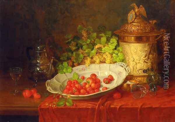 Strawberries, Grapes and an Ornamental Jug on a Draped Table Oil Painting - Karl Thoma-Hofele
