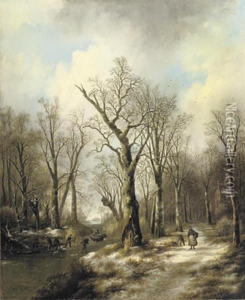 Woodgatherers On The Ice Oil Painting - Jan Jacob Coenraad Spohler