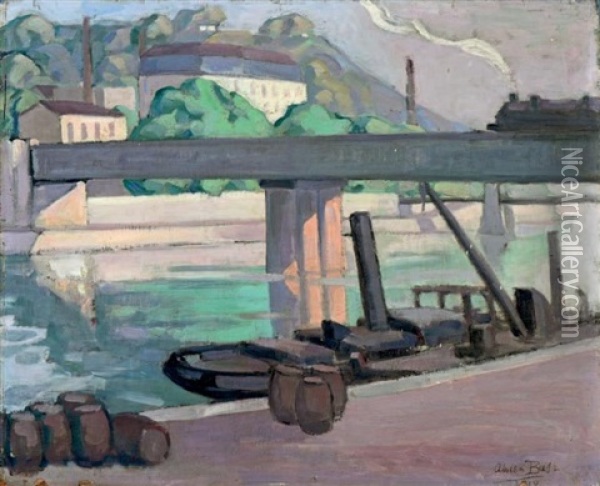 Train A Vapeur Franchissant La Saone Sur Le Pont De Chemin De Fer De Perrache Oil Painting - Adrien Bas
