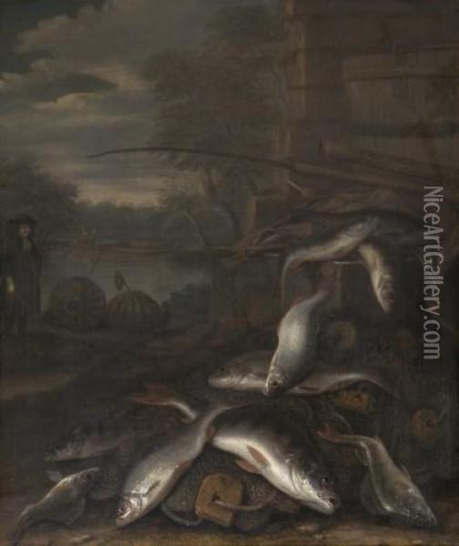 Nature Morte Aux Peches, Mat De Peche Et Gardons Avec Leportrait Presume D'isaac Watton Oil Painting - Jakob Gillig