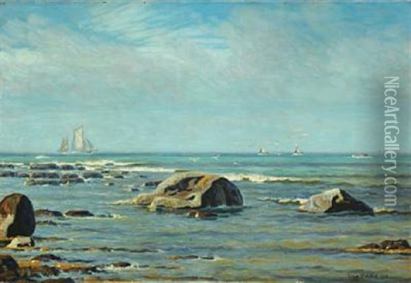 Seascape With Sailing Boats At The Horizon Oil Painting - Viggo Lauritz Helsted