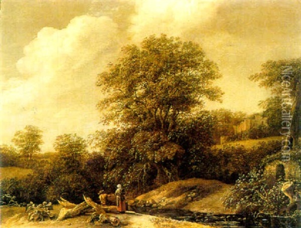 A Wooded Hilly Landscape With Two Figures By A Stream Oil Painting - Salomon Rombouts