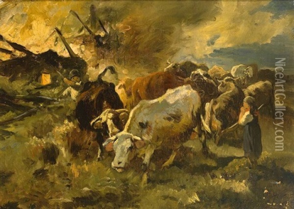 Gerettete Kuhe Vor Einem Brennenden Stall Oil Painting - Anton Braith