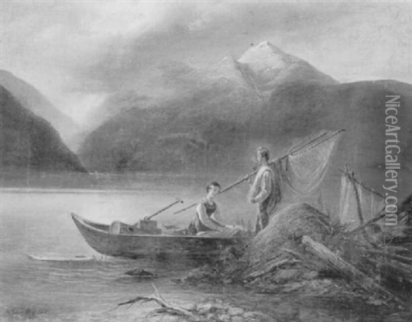 Fischer Mit Ihrem Boot An Einem Gebirgssee Oil Painting - Sebastian Stief