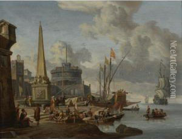 A Fortified Mediterranean Port With An Obelisk And A Galley Moorednearby Oil Painting - Abraham Storck