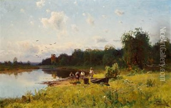 Summer Landscape With Anglers Oil Painting - Semyon Sergeievich Platonov