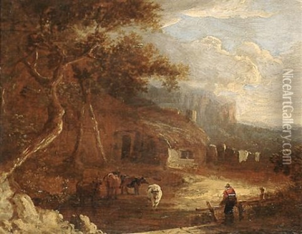 Cattle Before A Cottage, A View To A Distant Landscape Beyond Oil Painting - Benjamin (of Bath) Barker