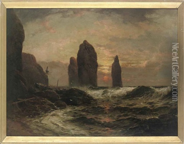 A Ship Aground On The Rocks At Low Tide Oil Painting - George Henry Jenkins