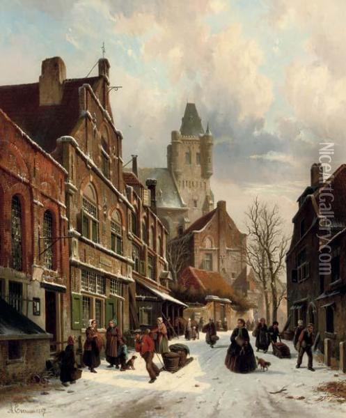Numerous Figures In A Dutch Street In Winter Oil Painting - Adrianus Eversen