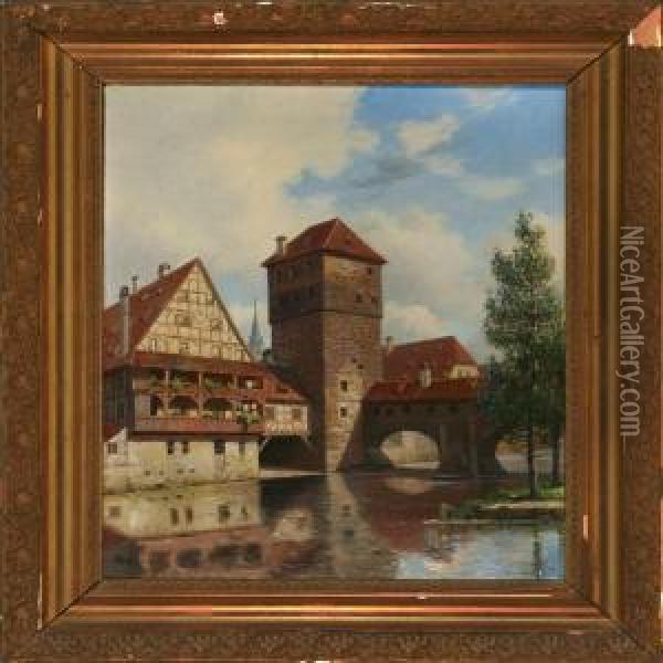 Canal Scenery Fromhenkersteg In Nuremberg Oil Painting - Fritz Staehr-Olsen