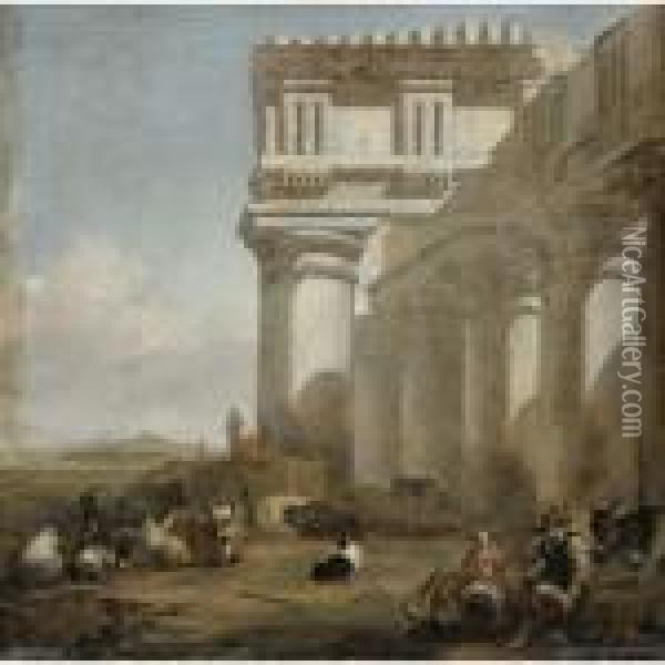 A Roman Temple With Cattle Herders Oil Painting - Jan Baptist Weenix