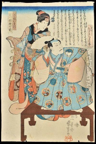 A Courtesan Stands Behind A Robed Nobleman Oil Painting - Utagawa Kuniyoshi