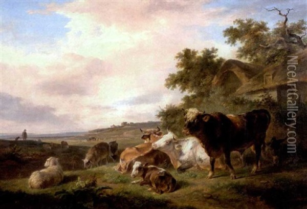 Lagernde Rinder Und Schafe Vor Einem Bauer Oil Painting - Balthasar Paul Ommeganck