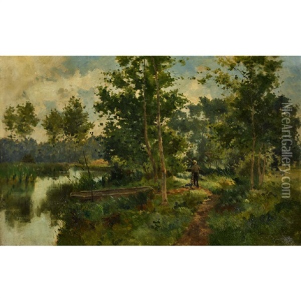 Sonnige Flusspartie Mit Angler Und Boot Oil Painting - Maurice Moisset