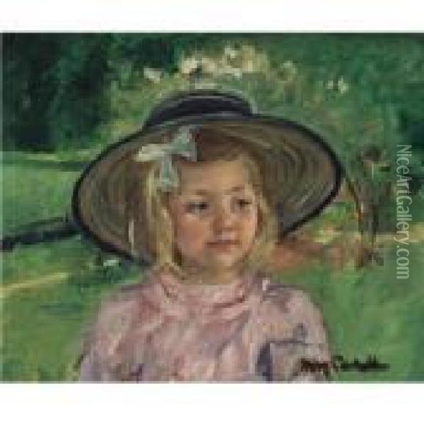 Little Girl In A Stiff, Round Hat, Looking To Right In A Sunny Garden Oil Painting - Mary Cassatt