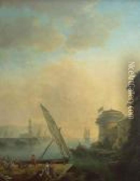 Scene De Port Mediterraneen Avec Un Marchand Oil Painting - Adriaen Manglard