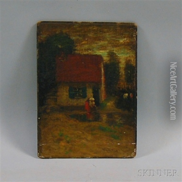 House With Figure And Trees Oil Painting - Thomas Austen Brown