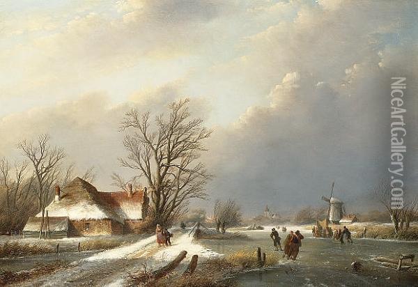 Winter Landscape With Figures Skating On A Frozen River Oil Painting - Jan Jacob Coenraad Spohler
