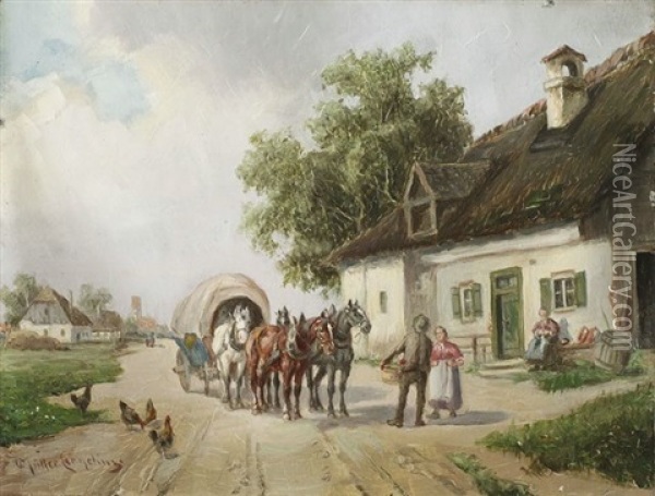 Haltender Planwagen Auf Einer Dorfstrasse Oil Painting - Ludwig Mueller-Cornelius