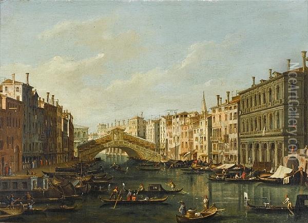 The Grand Canal, Venice, With 
The Rialtobridge Seen From The South And The Palazzo Dolfin Manin And 
Thefondamenta Del Vin Oil Painting - (Giovanni Antonio Canal) Canaletto