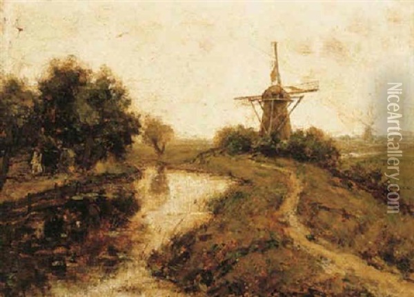 Windmills By A River Oil Painting - Paul Joseph Constantin Gabriel