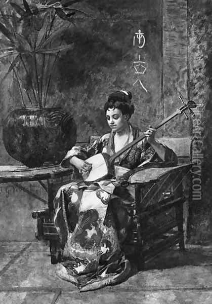 An Oriental Woman Playing A Shamisen Oil Painting - Jehan Georges Vibert