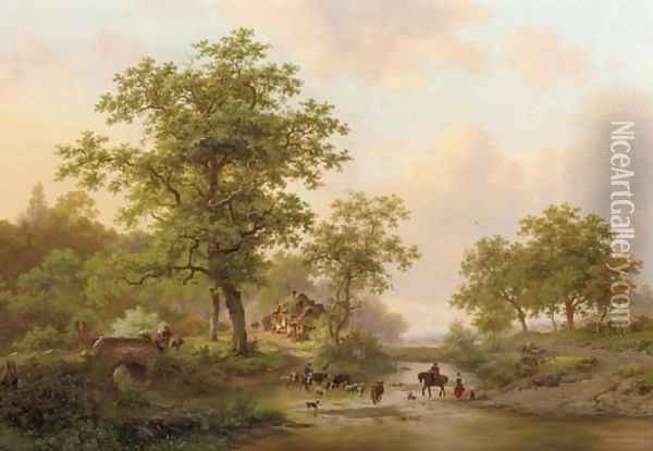 Cattle passing a ford in a wooded landscape in summer Oil Painting - Frederik Marianus Kruseman