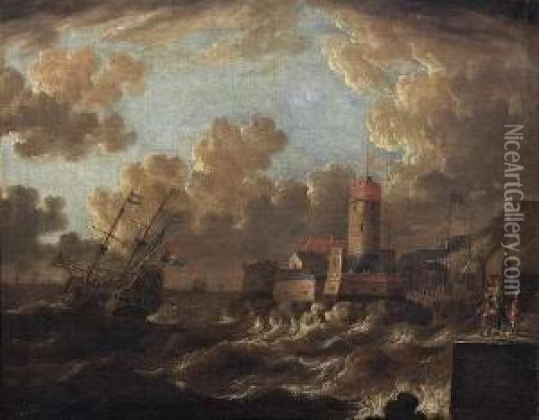 Ships Nextto A Harbour. Inscribed Oil Painting - Pieter Van Den Velden