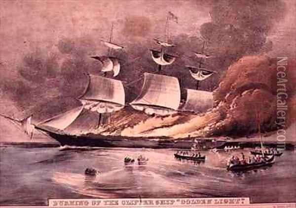 Burning of the Clipper Ship Golden Light Oil Painting - Currier