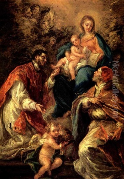 The Virgin And Child With Saint Cajetan And Pope Paul Iv Oil Painting - Domenico Feti