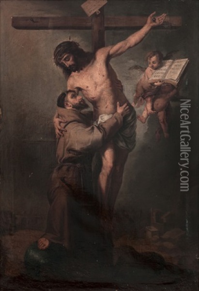 San Francisco Abrazando A Cristo Crucificado (after Bartolome Esteban Murillo) Oil Painting - Francisco Cabral Bejarano