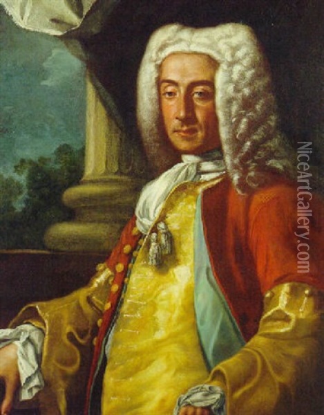 Portrait Of A Gentleman, In A Red Coat, A Yellow Silk Waistcoat And A Cravat Oil Painting - Giuseppe Bonito
