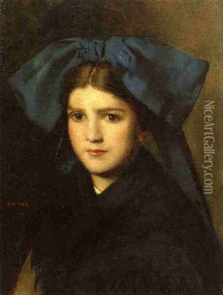 Portrait of a Young Girl with a Bow in Her Hair Oil Painting - Jean-Jacques Henner