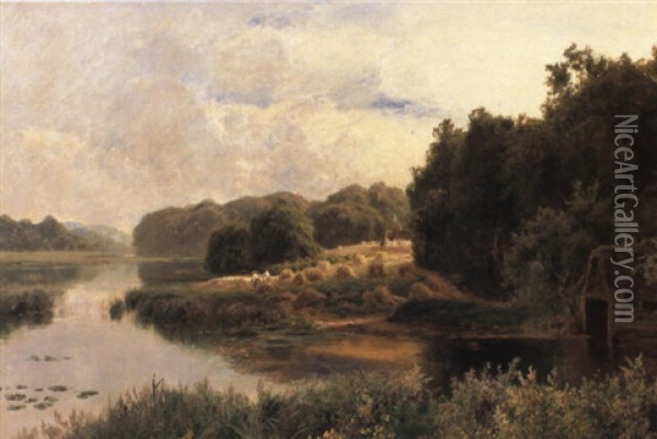 Harvesting On The Thames Oil Painting - John Clayton Adams