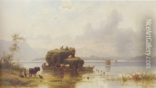 Unloading Haybarges, Chiensee Oil Painting - Christian Friedrich Mali