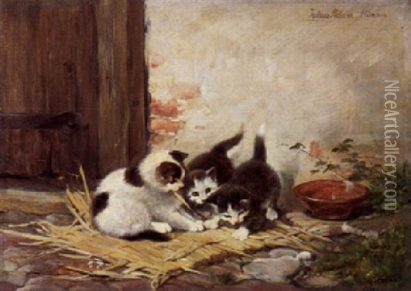 Drei Spielende Katzchen Auf Einer Schilfmatte Bei Einem Futternapf Oil Painting - Julius Adam the Younger