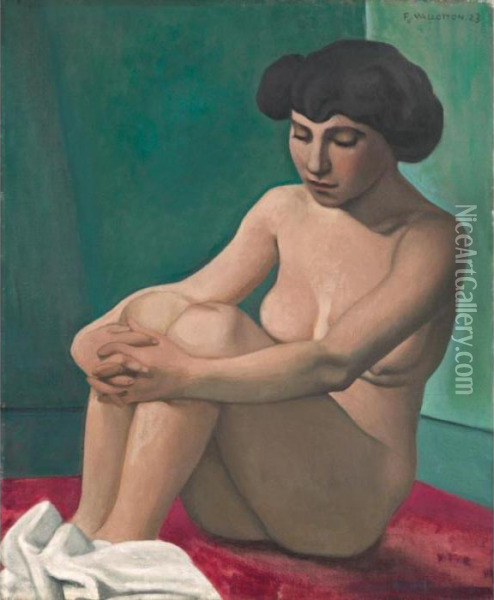 A Naked Young Lady, Seated On A Red Rug Oil Painting - Felix Edouard Vallotton