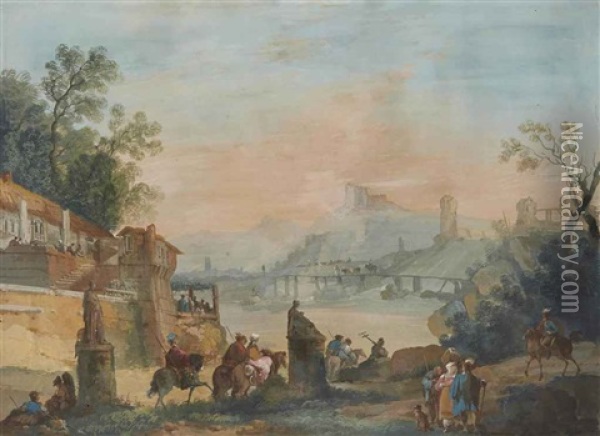 Paysage Avec Statues Antiques Et Cavaliers Au Premier Plan Oil Painting - Giuseppe Bernardino Bison