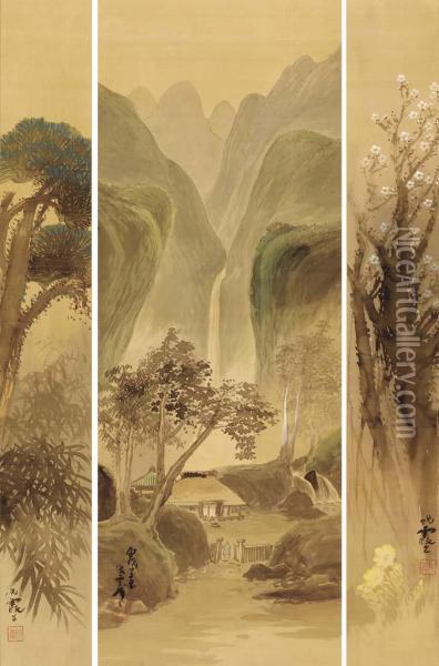 Kakei Bakufu; Shochiku; Ume Zu (waterfall In The Valley In Summer;pine And Bamboo; Plum) Oil Painting - Maruyama Banka