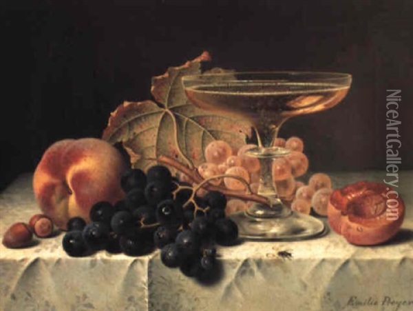 Still Life With Peaches, Grapes And A Glass Of Champagne Oil Painting - Emilie Preyer